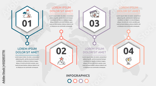 Vector flat infographic template. Line hexagon with text and icons for four diagrams, graph, flowchart, timeline, marketing, presentation. Business concept with 4 options