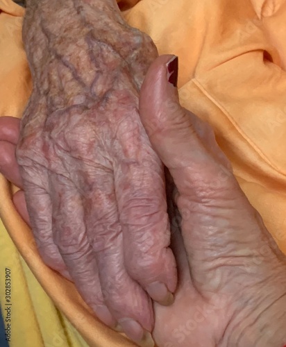 hand of old woman, Held by younger hand
