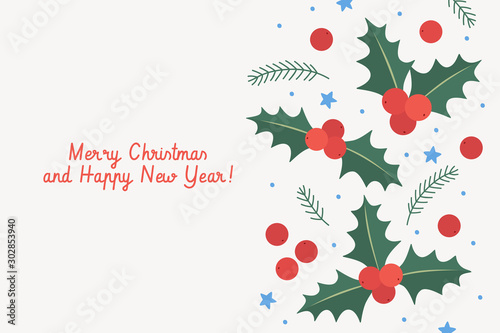 Christmas greeting card with holly berries and sprigs of spruce. New Year picture. Festive background with place for text. Xmas layout creative banner. Vector illustration on white background. photo