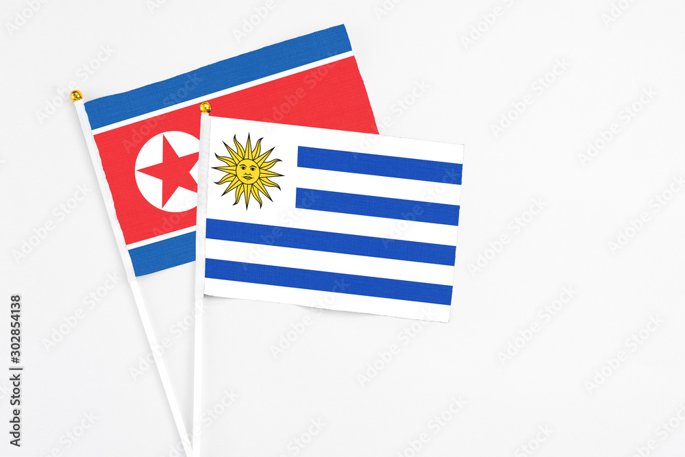 Uruguay and North Korea stick flags on white background. High quality fabric, miniature national flag. Peaceful global concept.White floor for copy space. Uruguay and North Korea stick flags on white background. High quality fabric, miniature national flag. Peaceful global concept.White floor for copy space.