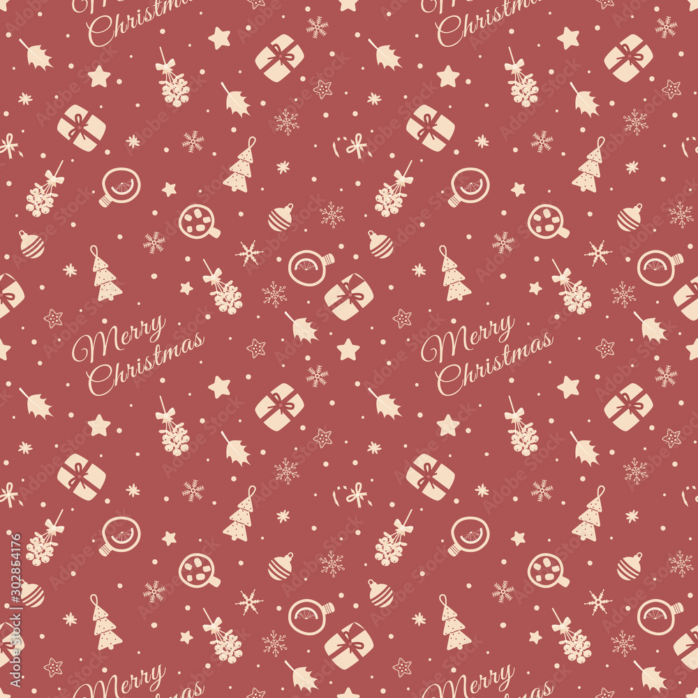 Christmas festive seamless pattern with Christmas trees with cups with hot chocolate and spicy tea top view,mistletoe branch,snowflakes and gingerbread.New Year bundle decor elements. Flat vector set Christmas festive seamless pattern with Christmas trees with cups with hot chocolate and spicy tea top view,mistletoe branch,snowflakes and gingerbread.New Year bundle decor elements. Flat vector set