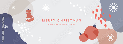 Christmas horizontal banner. Winter abstract pattern and Christmas decorations. Chaotic spots with natural colorful shapes. New year graphic elements for design invitation, greeting card or poster.