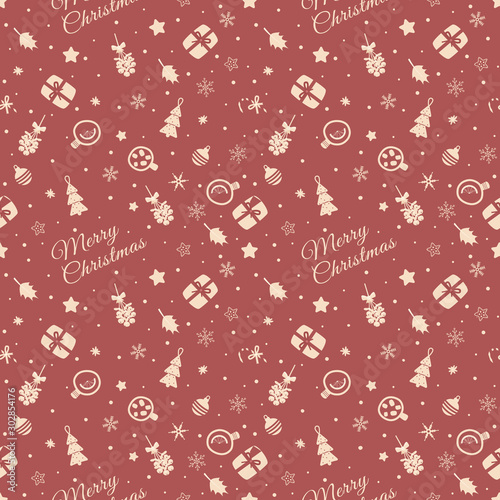 Christmas festive seamless pattern with Christmas trees with cups with hot chocolate and spicy tea top view,mistletoe branch,snowflakes and gingerbread.New Year bundle decor elements. Flat vector set