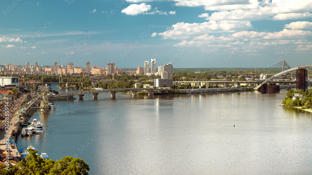 View of the Dnieper River and residential area in the capital of Ukraine, Kyiv. Cityscape, Kyiv, Ukraine.