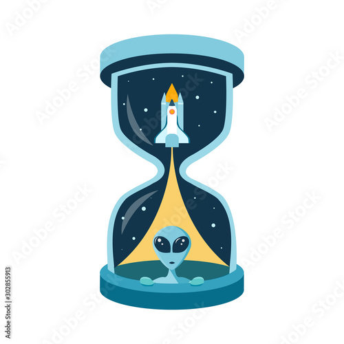 The time of intergalactic friendship with aliens. Huge hourglass with rocket shuttle and extraterrestrial martian head face. Abstract startup concept with new ideas and space exploration