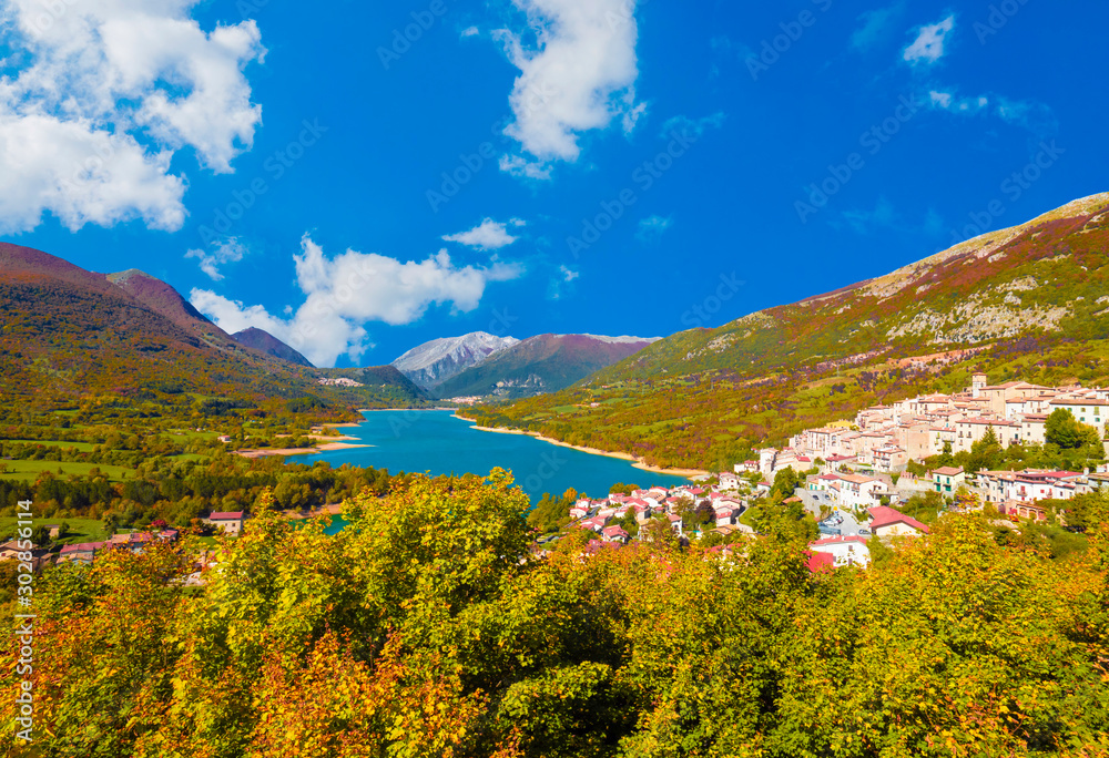 National Park of Abruzzo, Lazio and Molise (Italy) - The autumn with foliage in the italian mountain natural reserve, with little towns, wild animals like deer, Barrea Lake, Camosciara, Forca d'Acero