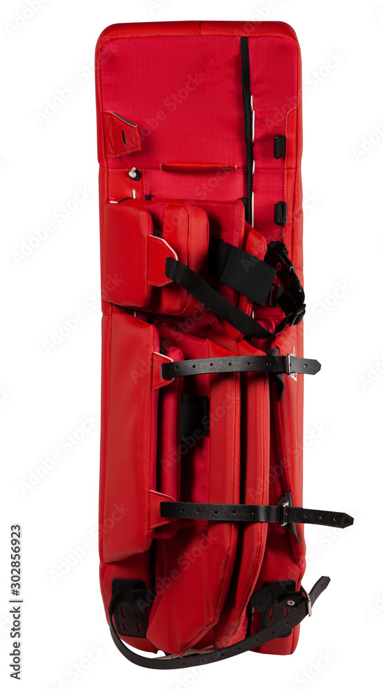 Red and white ice hockey goalie leg pads isolated on white background. Red and white ice hockey goalie leg pads isolated on white background.