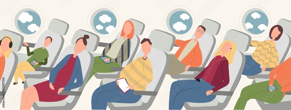 Passengers on airplane board flat vector illustration. Cartoon people traveling abroad by plane. Air public transport. Tourists going on vacation, business trip. Travelers relaxing in aircraft seats