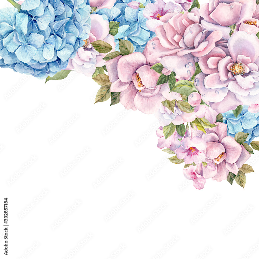 watercolor flowers, botanical painting, roses and hydrangeas on a white background, greeting card