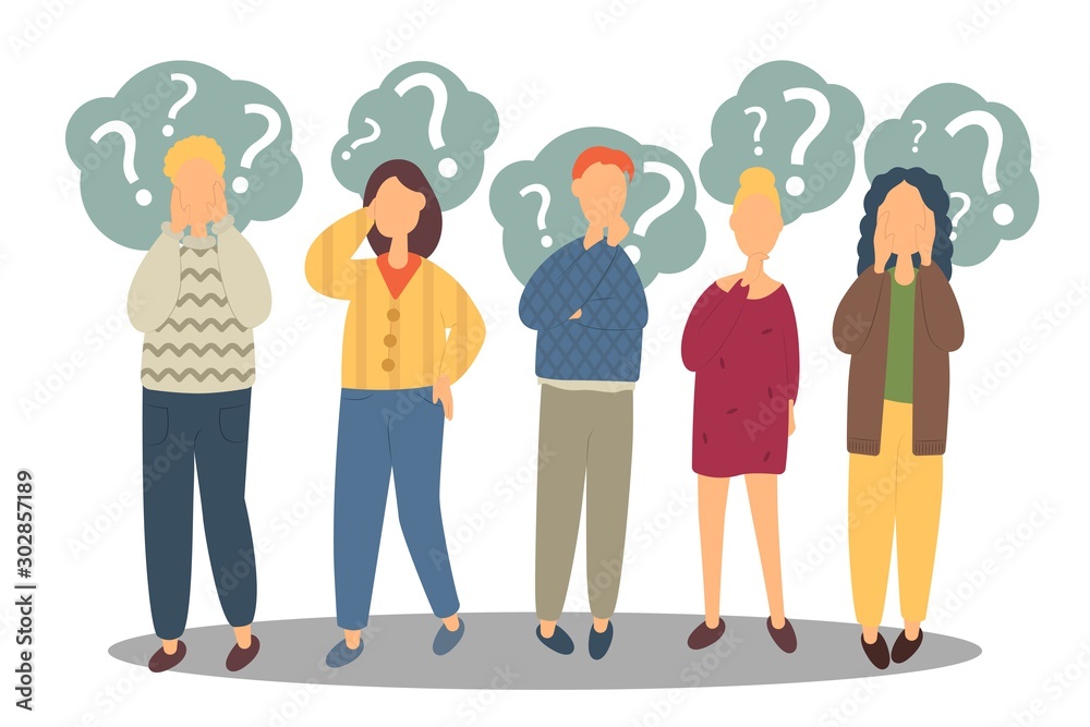Fototapeta premium Collection of portraits of thoughtful people. Bundle of smart men and women thinking or solving problem. Set of pensive boys and girls surrounded by thought bubbles. Flat cartoon vector illustration.