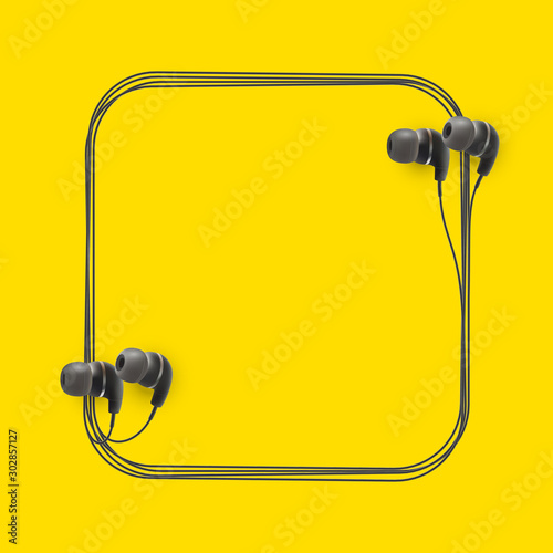 Innovative music quotation template in headphones quotes isolated on backdrop. Creative banner illustration with quote in a frame wire with Black quotes. speech bubble Template modern headset design.