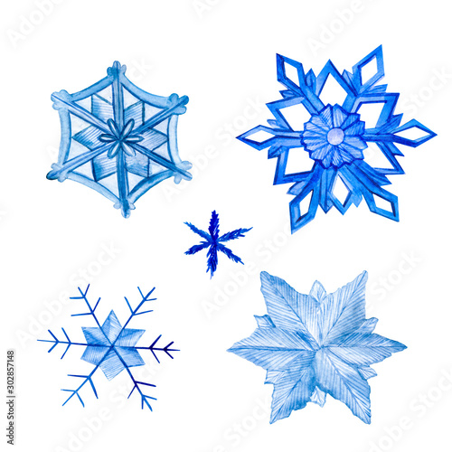 Set of different beautiful snowflakes and snow flakes of blue and blue. Elements are painted by watercolor by hand  winter theme  elements of Christmas andholiday decor  greeting cards  patterns.