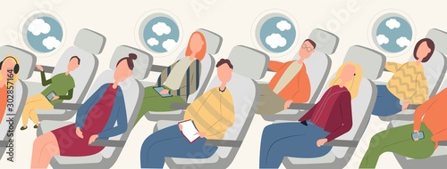 Passengers on airplane board flat vector illustration. Cartoon people traveling abroad by plane. Air public transport. Tourists going on vacation  business trip. Travelers relaxing in aircraft seats