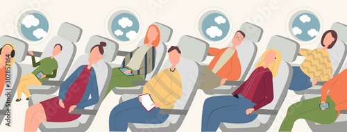 Passengers on airplane board flat vector illustration. Cartoon people traveling abroad by plane. Air public transport. Tourists going on vacation, business trip. Travelers relaxing in aircraft seats