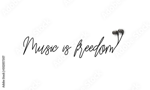 Innovative music quotation template in quotes isolated on backdrop. Creative banner illustration with quote in a frame wire with Black quotes. speech bubble inscription: Music is freedom
