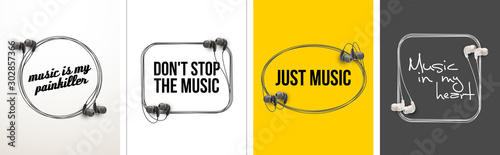 Innovative music quotation template speech bubble set in headphones quotes isolated on backdrop. Creative banner illustration set with quote frame wire with quotes headset modern design cloud remark