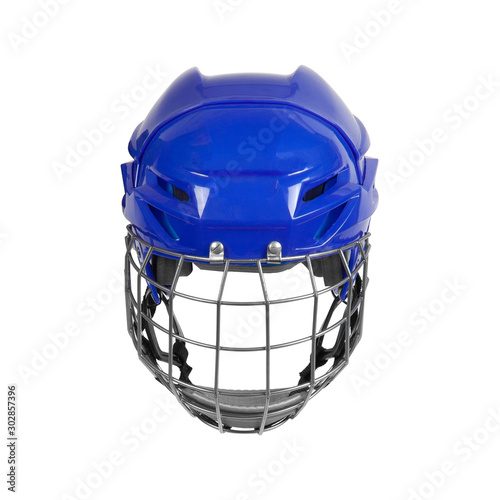 Blue ice hockey protective helmet isolated on white background.