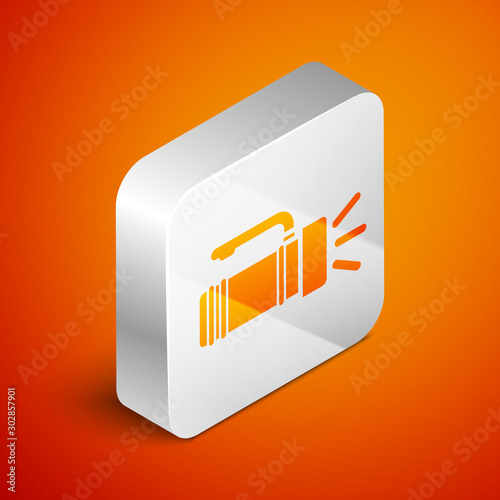 Isometric Flashlight icon isolated on orange background. Tourist flashlight handle. Silver square button. Vector Illustration