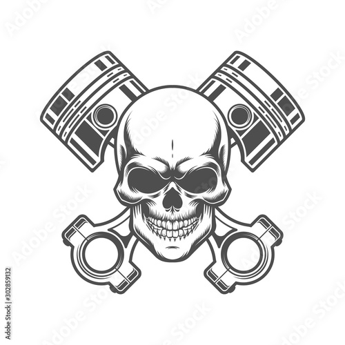 Skull with pistons. Retro logo, emblem, label. Isolated on white background.