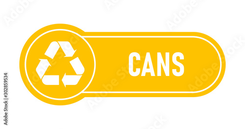 Recycling sings with waste products materials labels or stickers. Rounded form, colored labels. White recycling symbols. Flat vector illustration