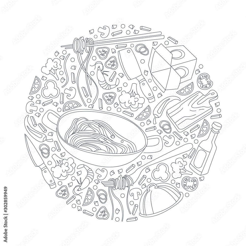 Work Bar Banner Template with Asian Cuisine Design Elements of Round Shape Can Be Used for Menu, Cafe, Restaurant, Bar or Food Festival Hand Drawn Vector Illustration Work Bar Banner Template with Asian Cuisine Design Elements of Round Shape Can Be Used for Menu, Cafe, Restaurant, Bar or Food Festival Hand Drawn Vector Illustration