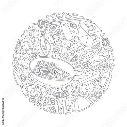 Work Bar Banner Template with Asian Cuisine Design Elements of Round Shape Can Be Used for Menu, Cafe, Restaurant, Bar or Food Festival Hand Drawn Vector Illustration
