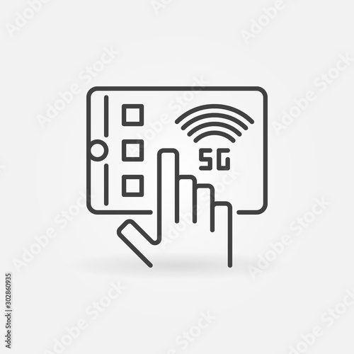 Hand with 5G tablet outline vector icon or symbol