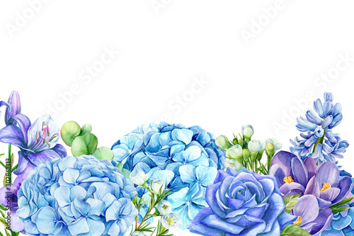 greeting card with space for text of blue flowers, rose, lily, hyacinth, hydrangeas, crocuses, eucalyptus, watercolor illustration
