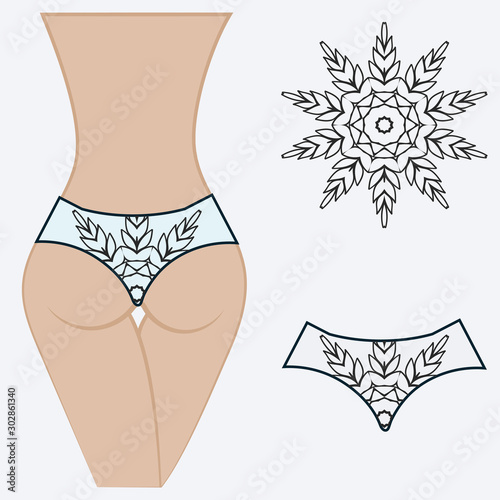 Fashionable design of women's swimming trunks. vector illustration. with a circular floral pattern