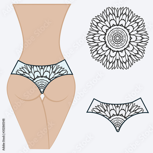 Fashionable design of women's swimming trunks. vector illustration. with a circular floral pattern