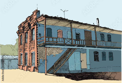 two-story house of the late 19th century in a European city, courtyard facade, vector color illustration