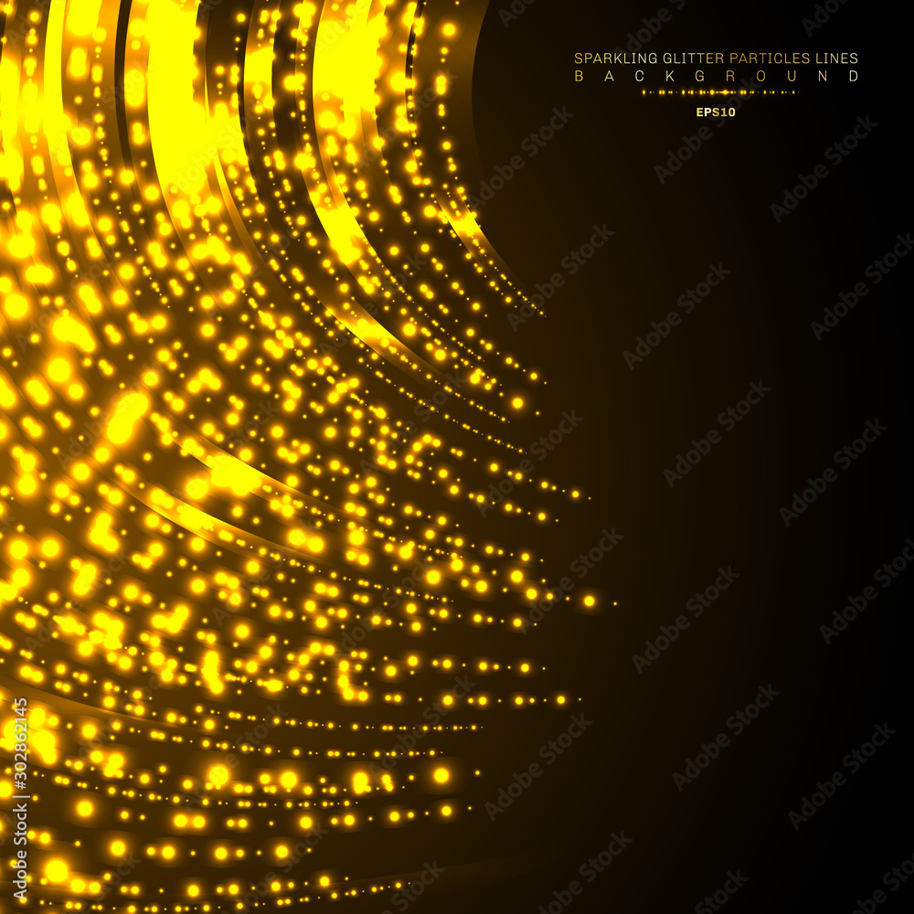 Obraz premium Gold lights shiny curved line glitters holiday festival on dark background.