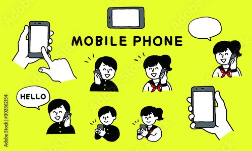 スマートフォンを操作する学生男女セット（シンプル）