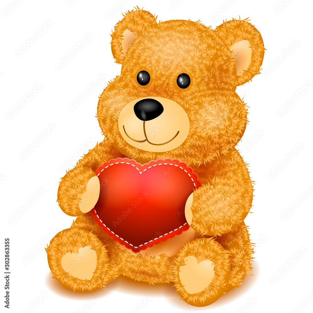 Fototapeta premium Teddy bear with red heart. Valentine's Day concept. Detailed vector illustration icon isolate on a white background.