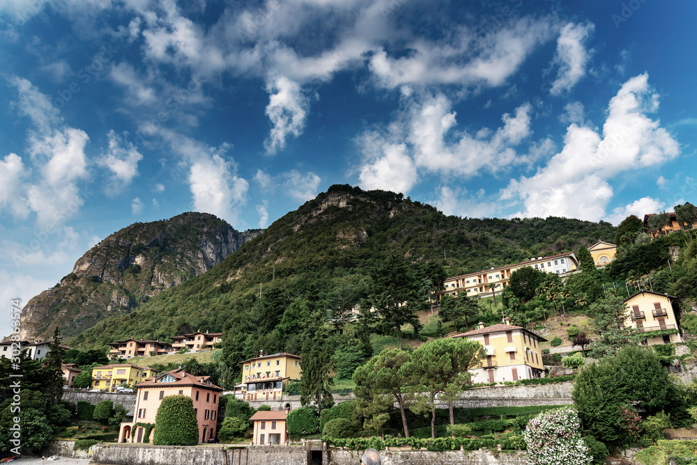Obraz premium Como lake coasts in hot summer morning, Lombardy, Italy.
