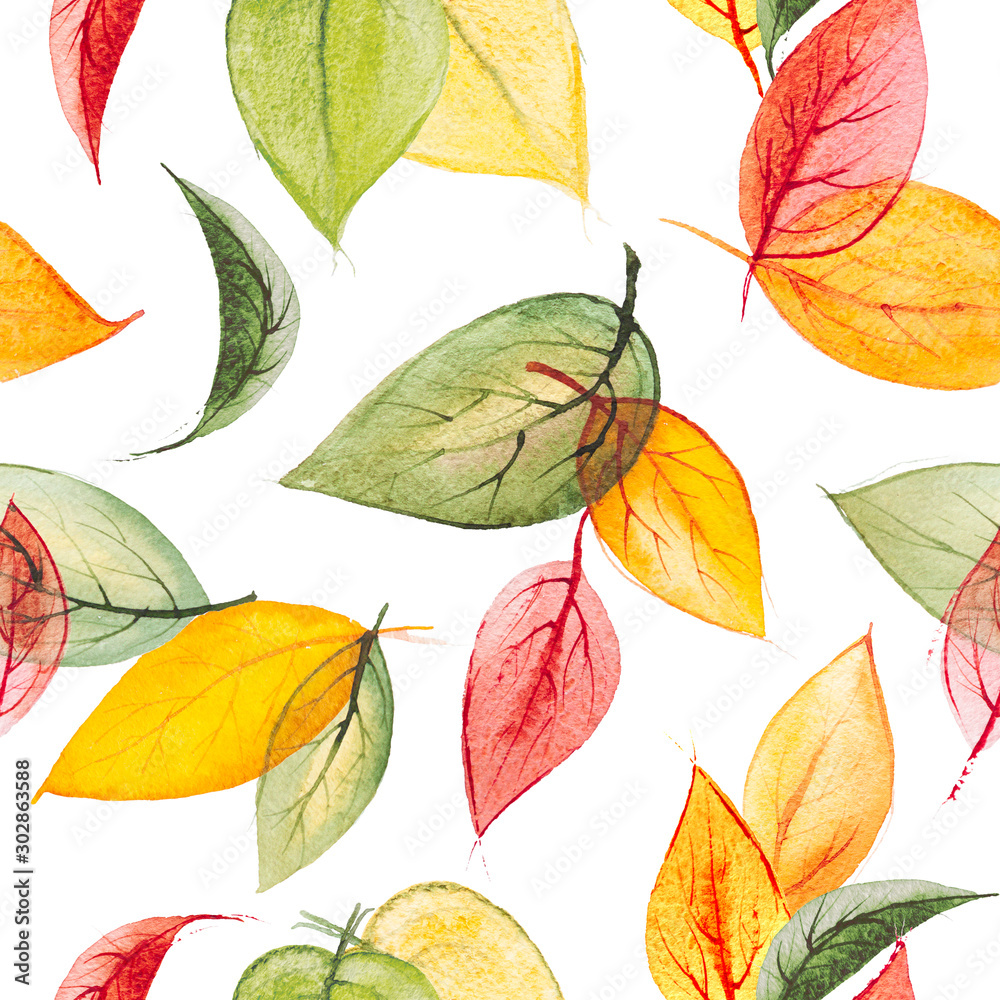 Fototapeta premium Hand drawn watercolor seamless pattern with bright orange,yellow,green,red autumn leaves on the white background for your design