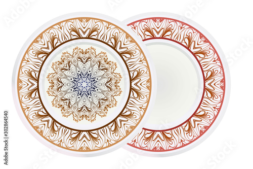 Set of round floral frame and mandala ornament. Vector illustration.