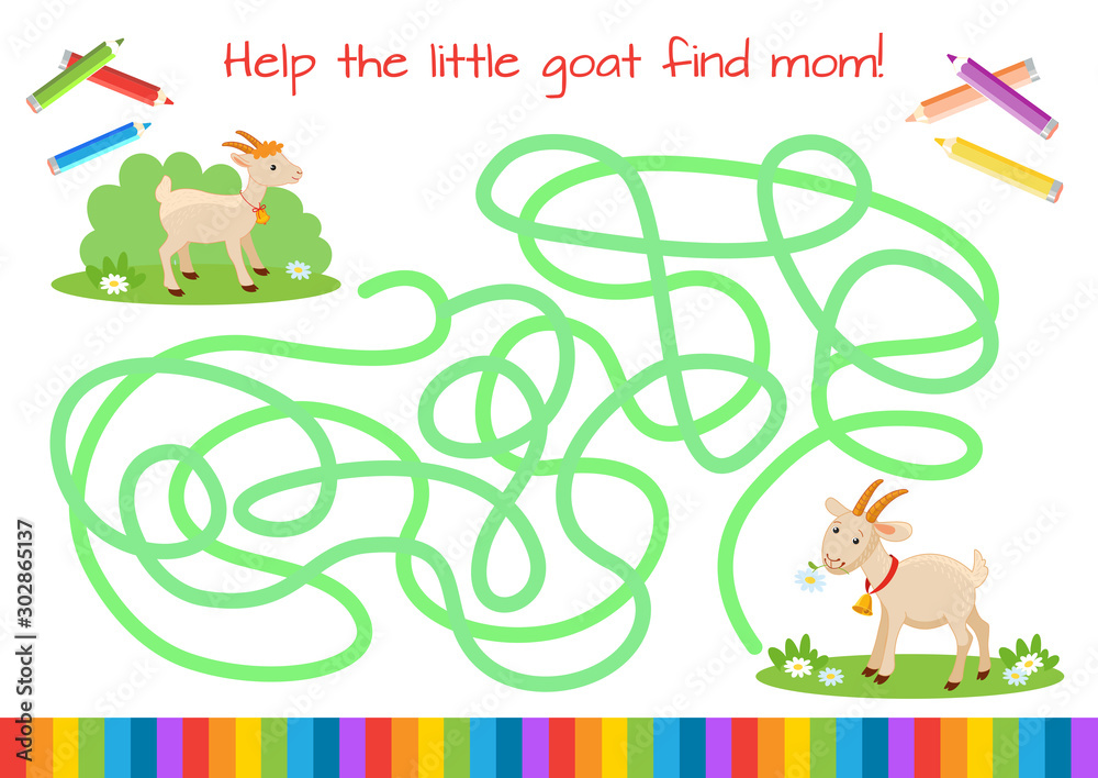 Help the little goat to find his mother. Educational game for children. Cartoon vector illustration. Maze.