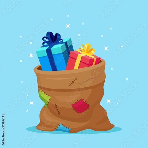 Santa Claus bag with gift box isolated on background. Christmas sack full of presents package. Vector cartoon design 