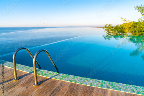 Infinity Edge Swimming Pool Water, Beautiful Black Sea View. © k_samurkas