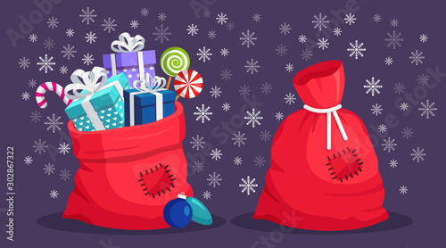 Santa Claus red bag with gift box isolated on background. Christmas sack closed and full of presents package. Vector cartoon design