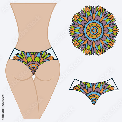 Female buttocks with panties. Decorative vector illustration. Mandala fashion print.