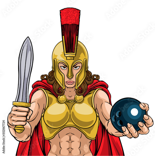 A Spartan or Trojan female gladiator warrior woman ten pin bowling sports mascot