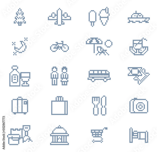 Tourist travel icon set in a retro 8 bit arcade video game pixel art style