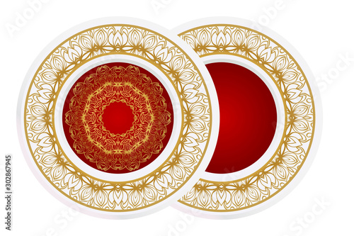decorative plates for interior design. Empty dish, porcelain plate mock up design. Vector illustration. Decorative plates with stilish ornament patterns. Home decor background.
