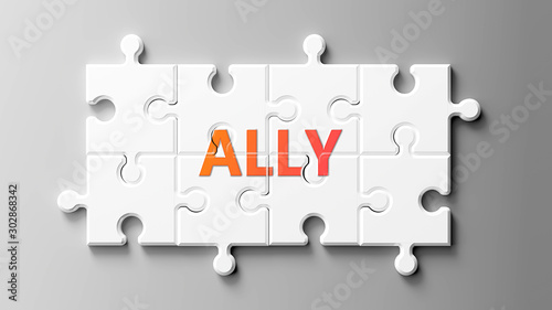 Ally complex like a puzzle - pictured as word Ally on a puzzle pieces to show that Ally can be difficult and needs cooperating pieces that fit together, 3d illustration photo