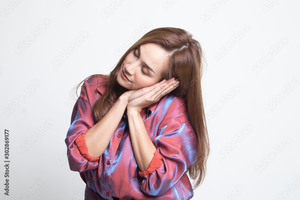 Beautiful young Asian woman with sleeping gesture. Beautiful young Asian woman with sleeping gesture.