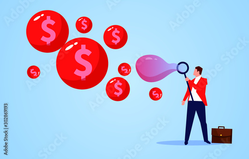 Businessman blowing bubble dollar, businessman inflates dollar bubble
