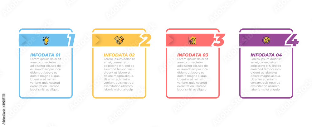 Business process. Timeline infographic design vector and marketing icons with 4 options, steps,  rectangle boxs. Can be used for workflow layout, presentation.