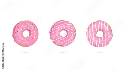Vector set of icons of Donuts with pink glaze and decorative sugar icing isolated on white background. Top view on hand drawn cartoon flat sweet dessert for menu, sweet shop, National Donut Day poster